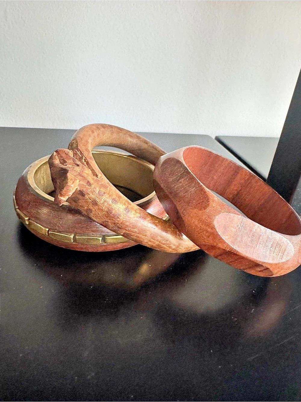 Carved Wood Bracelet Stack in Brown & Gold
